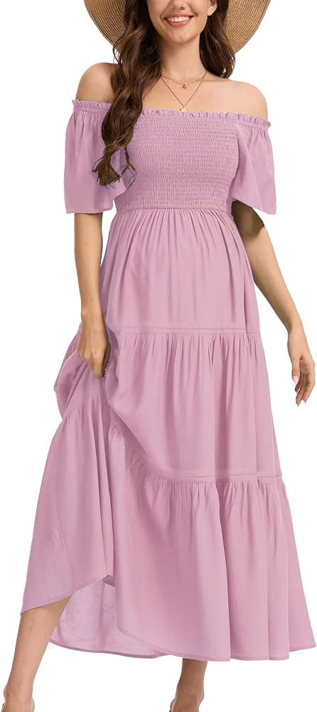 Women's Summer Ruffle Short Sleeve Maternity Maxi Dress Flowy Tiered A Line Photoshoot Baby Showe... | Amazon (US)