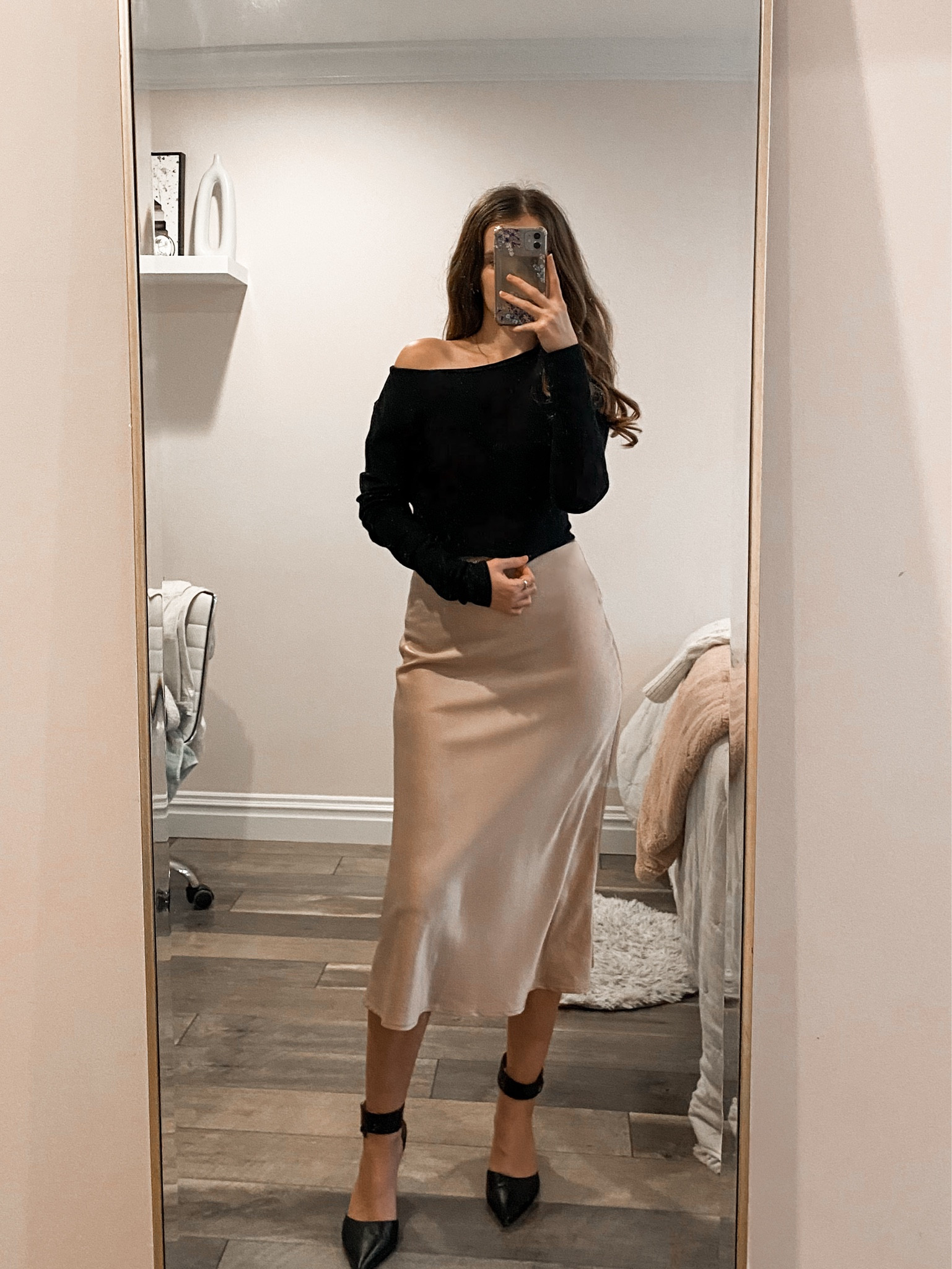 A satin slip skirt paired a black long sleeve top, and black pumps makes a cute date night or Valentines day outfit. 
.
.
.
.
.
.
.
Date night outfit | date night tops |  skirt outfit | skirt and sweater | midi skirt and sweater | satin skirt and sweater | cream satin skirt | midi skirt outfit | long skirt | satin skirt outfit | basic tops | off shoulder top | black heels | slingback heels | black pumps | outfit ideas | outfit inspo |

#LTKSeasonal #LTKU #LTKSaleAlert #LTKGiftGuide #LTKWorkwear #LTKTravel #LTKShoeCrush #LTKItBag #LTKFindsUnder100 #LTKStyleTip #LTKFindsUnder50
