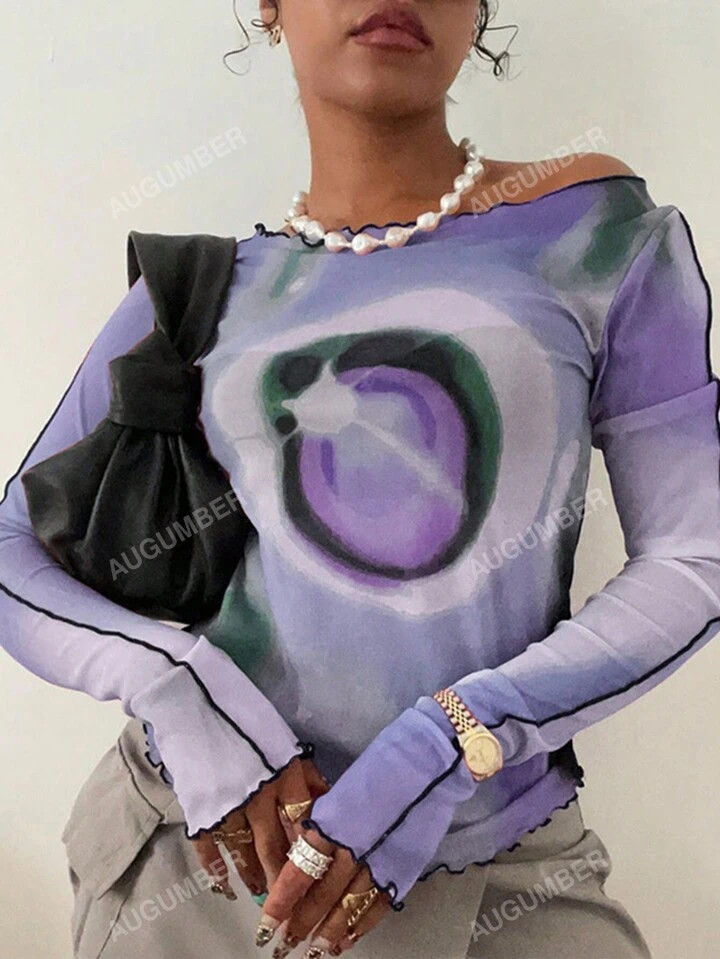 Women's Spring/Summer Tie-Dye Printed Asymmetric Collar Long Sleeve Y2k T-Shirts | SHEIN