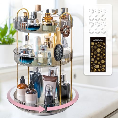 Makeup Organizer for Vanity,Rotating Bathroom Counter Organizer Skincare Makeup Storage Perfume Organizers Cosmetic Dresser Organizer Countertop Organizer with Extra Hooks DIY Stickers for Bathroom | Amazon (US)