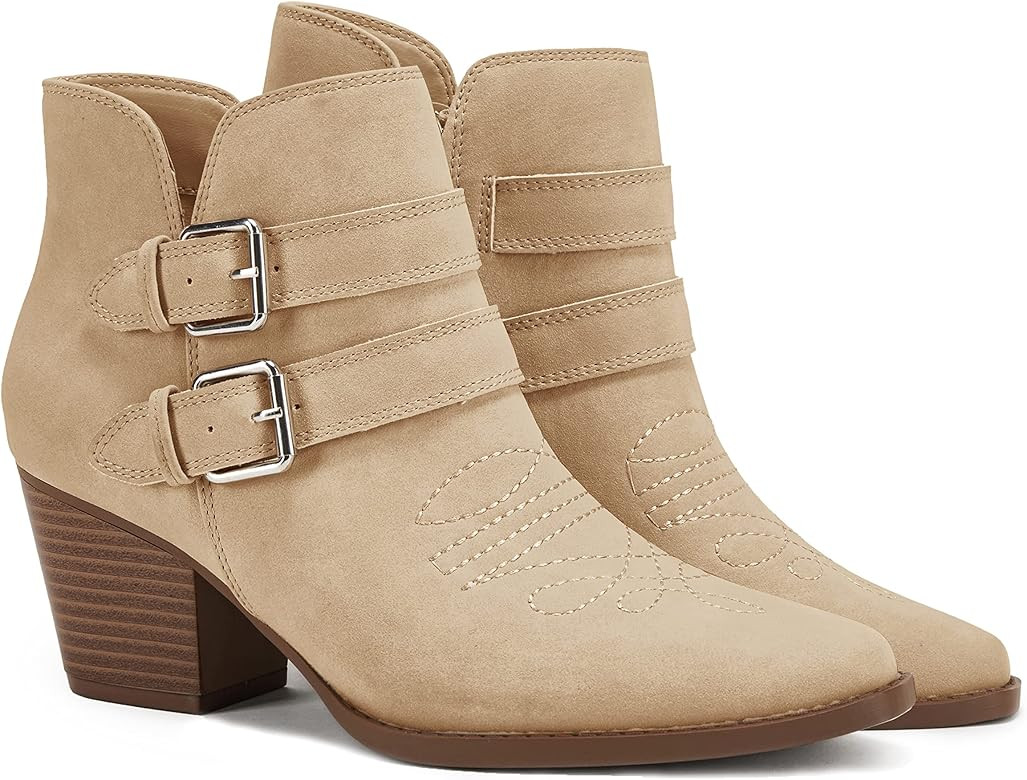 PiePieBuy Womens Side Zipper Ankle Boots Chunky Stacked Low Heel V Cut Out Pointed Toe Booties | Amazon (US)