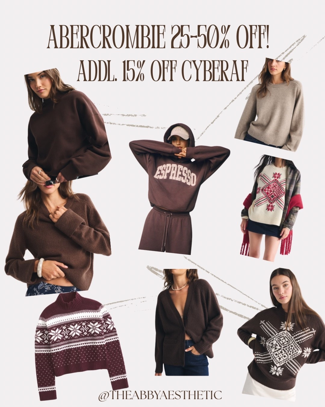Abercrombie Black Friday favs!! So many good deals! Use code CYBERAF for an additional 15% off!  #abercrombie #womensbrownsweater

#LTKGiftGuide #LTKCyberWeek #LTKHoliday