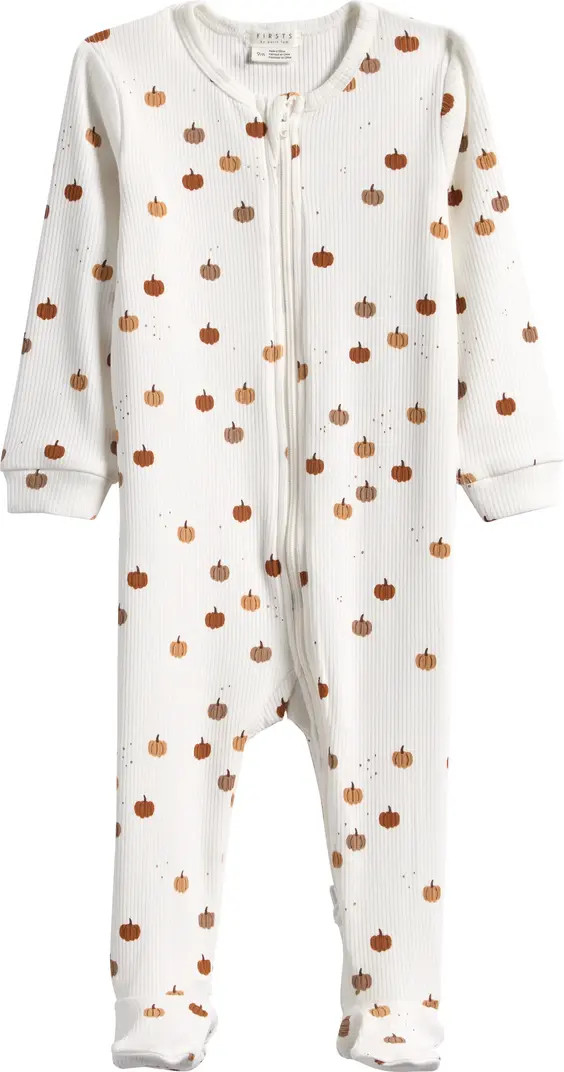 FIRSTS by Petit Lem Pumpkin Print Stretch Organic Cotton Footie | Nordstrom | Nordstrom