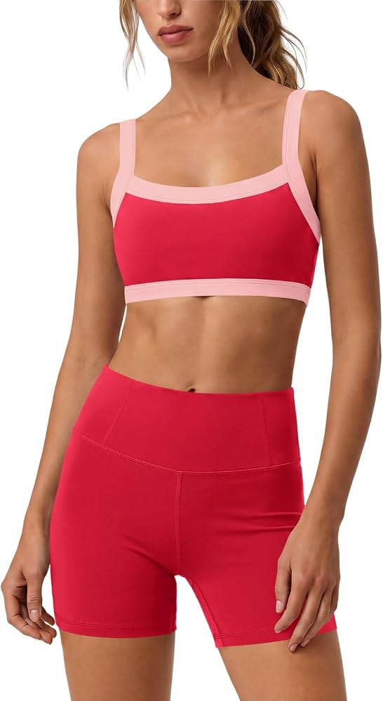 Yanekop Womens Workout Sets Color Block Padded Sports Bra Biker Short Set | Amazon (US)