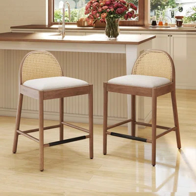 Modern Bar Stools Upholstered Counter Stools With Rattan Backrests And Wood Legs Kitchen Stools For Island | Wayfair North America