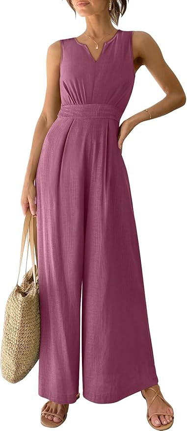 ANRABESS Jumpsuits for Women 2024 Summer Casual Sleeveless V Neck High Waist Wide Leg Dressy Line... | Amazon (US)