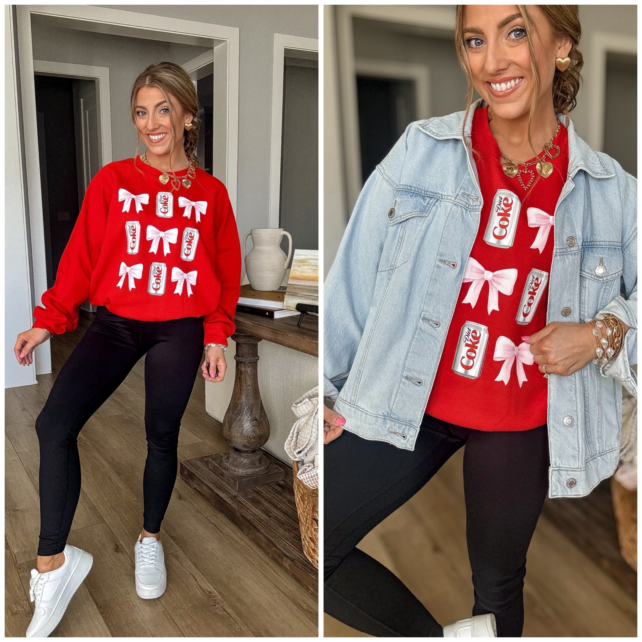 Obsessed is an understatement ❤️🥤 This Diet Coke + bows sweatshirt is such a fun statement piece and it’s currently on sale for $29 — the cutest way to add personality to an everyday outfit. I styled it with classic black leggings, crisp white sneakers, and a light denim jacket for an easy, comfy look that still feels put-together. Perfect for school drop-off, errands, casual days, or just lounging at home while still looking cute.

The bow details paired with the iconic Diet Coke graphic make this sweatshirt feel playful, cozy, and totally on-trend. It’s soft, relaxed, and easy to layer — a must-have if you love comfy outfits with a little extra charm. This one is a favorite for casual Valentine vibes and everyday wear alike.

Linked in LTK 🤍

#dietsweatshirt #bowdetails #casualoutfitideas #everydayoutfit #cozyfashion #affordablefashion #athleisurestyle #leggingsoutfit #denimjacketlook #momstyle #schooldropoffstyle #comfyandcute #salealert #budgetfriendlyfashion #ltkfinds #ltkstyle