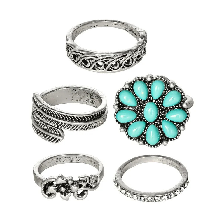Jessica Simpson Faux silver tone, Turquoise Stone Ring Set, Set of 5 - Walmart.com | Walmart (US)