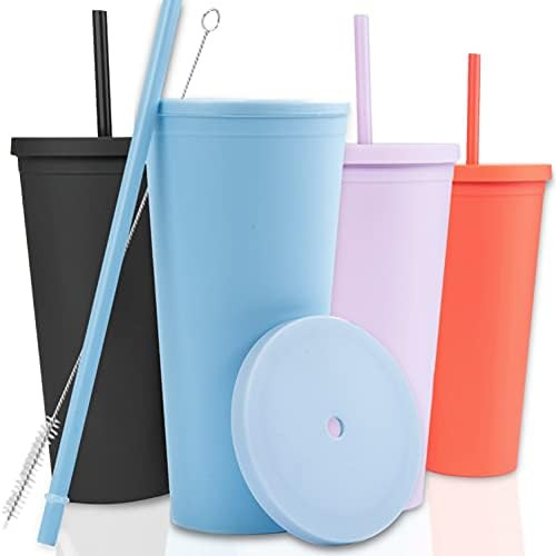 Tumblers with Lids (4 pack) 22oz Pastel Colored Acrylic Cups with Lids and Straws | Double Wall Matt | Amazon (US)
