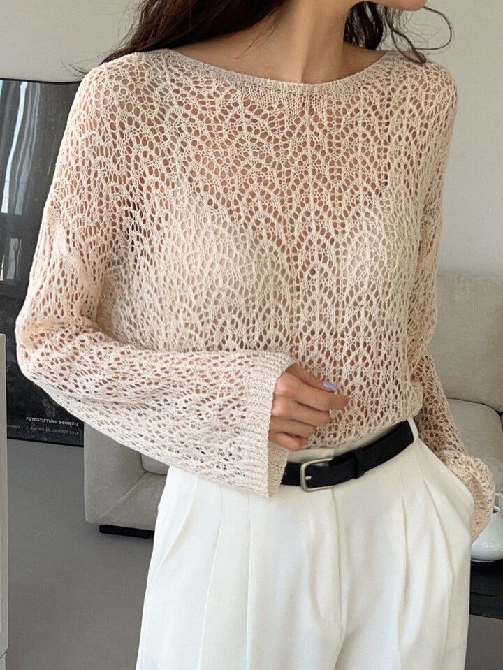 DAZY Drop Shoulder Pointelle Knit Sweater Without Bra | SHEIN