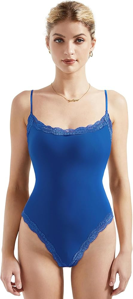 SUUKSESS Women Square Neck Lace Bodysuit Sleeveless Spaghetti Strap Tank Top | Amazon (US)
