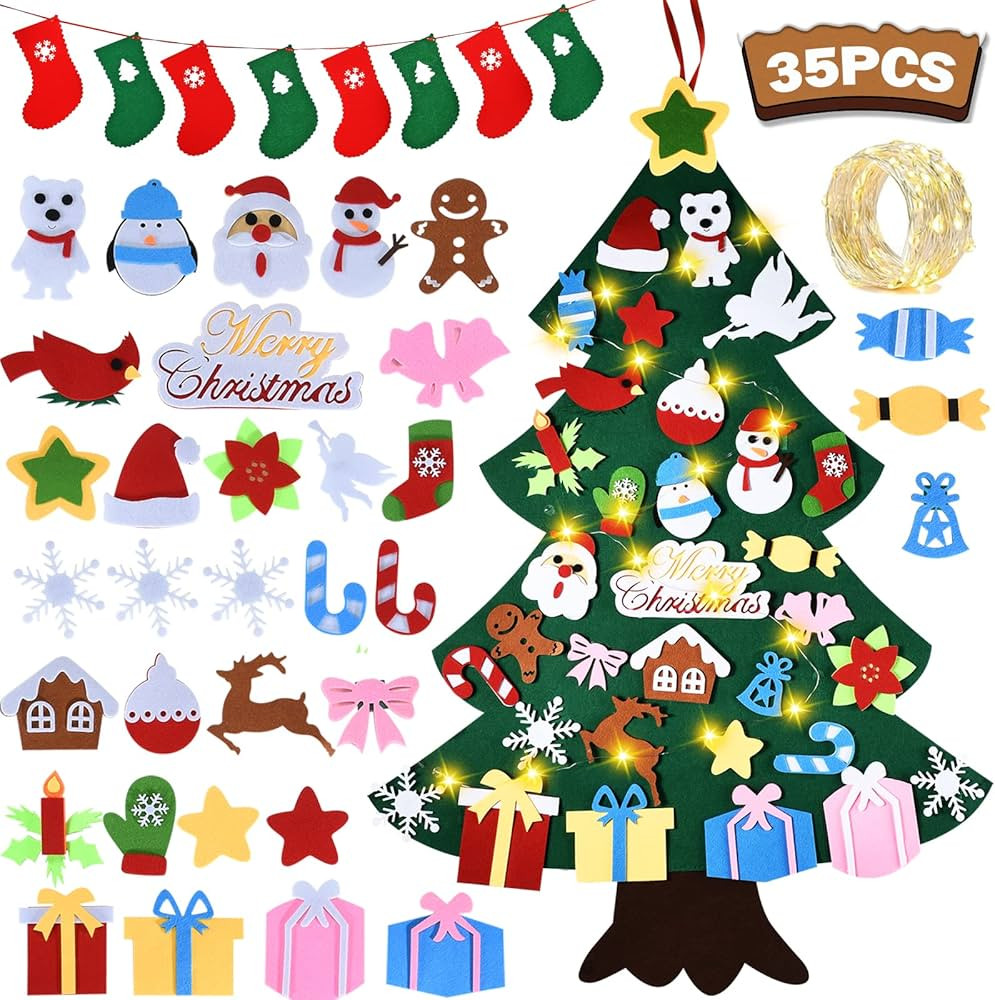 3.4FT Felt Christmas Tree Set| with 34pcs Ornaments for Kids Xmas Door Wall Hanging Decorations P... | Amazon (US)