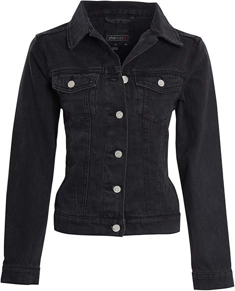 shelikes Womens Denim Jacket Ladies Black Blue Button Up Vintage Wash Size 8-16 | Amazon (UK)
