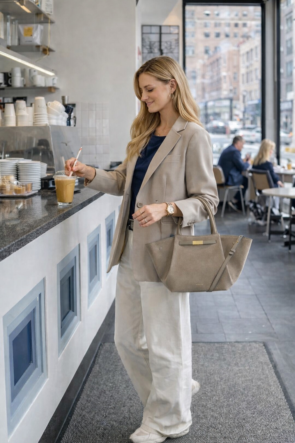 Outfit details for a spring outfit in white jeans navy top beige blazer demellier handbag and ballerina flats 

#LTKspring#LTKjeans 

#LTKspringtrends #LTKspringtrends
