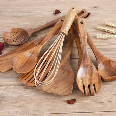 Kitchen Utenails Set With Holder,Kitchen Wooden Utensils For Cooking, Wood Utensil Natural Teak Wood Spoons For Cooking,Wooden Kitchen Utensil Set Wit | Wayfair North America