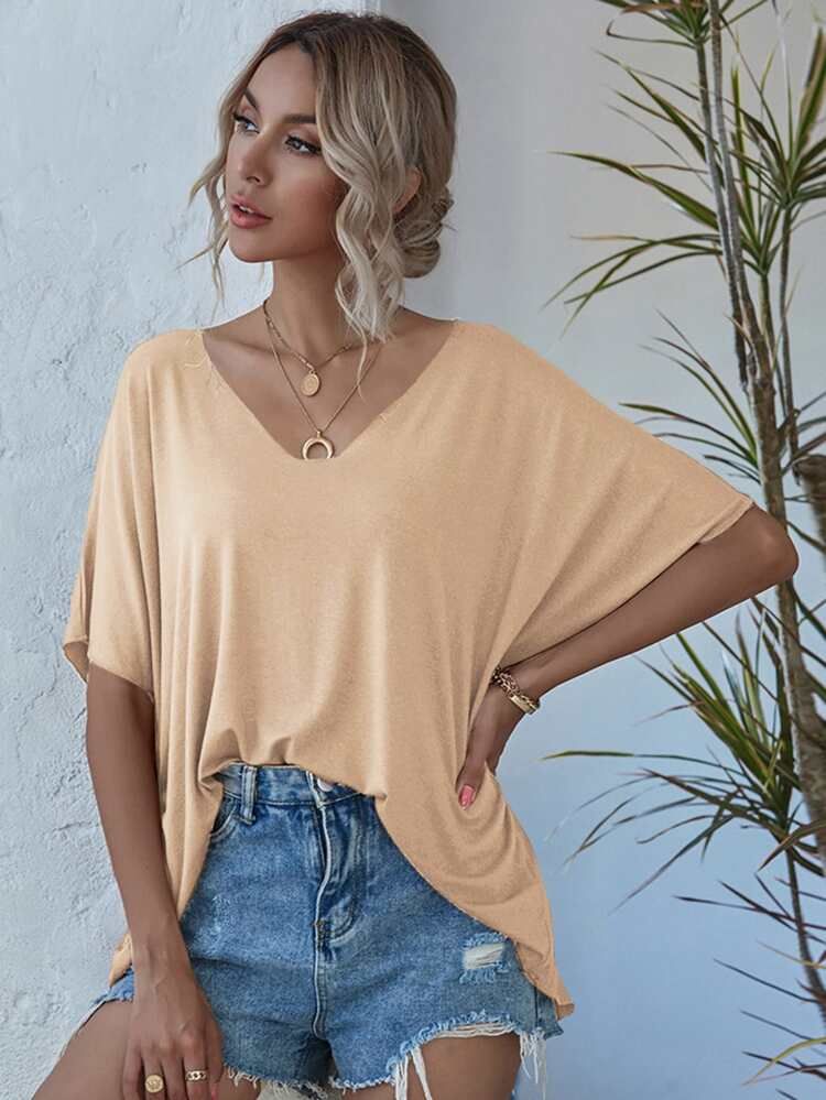 V-neck Batwing Sleeve Tee | SHEIN