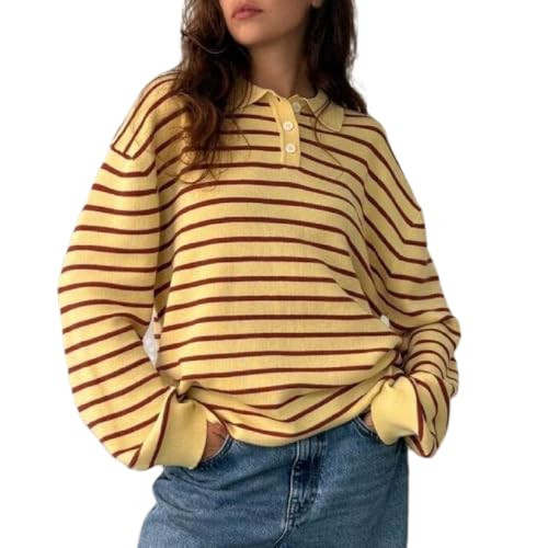 Sastianaen Women Y2k Striped Polo Sweatshirt Color Block Knitted Pullover Lapel Sweater Oversized Ribbed Jumper Tops(A Yellow,s) | Amazon (US)