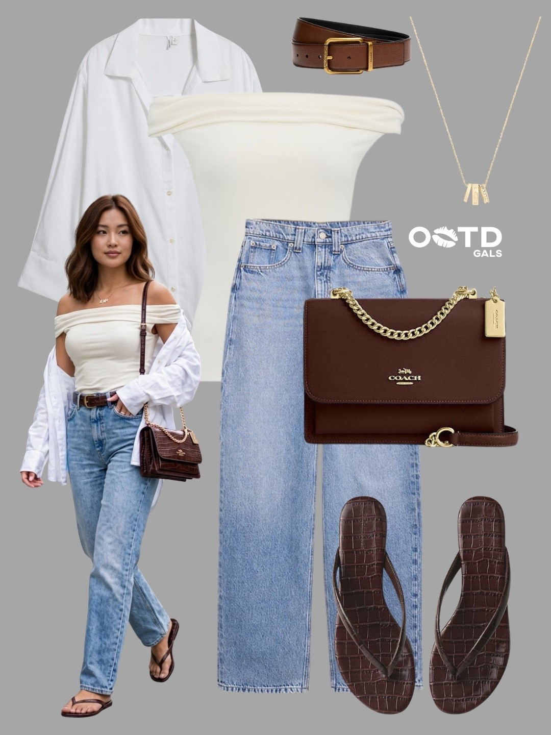 Relaxed denim, rich espresso accents, and soft neutrals create a look that feels effortlessly chic 🤍🤎👖

This outfit blends casual comfort with elevated details. The off-the-shoulder ivory top adds a feminine touch, while the oversized white shirt creates an easy layered effect that feels relaxed and modern. Light-wash wide-leg jeans keep the silhouette balanced, and the deep brown accessories bring warmth and sophistication to the look.

✨ Style Details:
• Oversized white button-down shirt
• Ivory off-the-shoulder fitted top
• Light-wash wide-leg jeans
• Brown leather belt with gold-tone buckle
• Espresso brown chain-strap shoulder bag
• Delicate gold pendant necklace
• Croc-textured brown thong sandals

The contrast between airy neutrals and rich chocolate tones gives this outfit a timeless appeal. It's polished enough to look intentional yet relaxed enough for everyday wear, making it an easy choice for warm-weather styling.

Perfect for brunch dates, vacation sightseeing, outdoor cafés, shopping trips, weekend outings, casual dinners, coastal walks, or everyday elevated casual wear.

#EffortlessStyle #DenimAndNeutrals #CasualChic

#LTKsummer #LTKeurope #LTKtravel