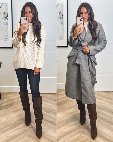 All 50% off..fall elevated basics outfit idea ..the best jeans with the prettiest oversized tunic sweater  
my fav luxurious coat (so in love I bought it twice) all are on sale 50% off! 
Sz small in coat and sweater and sz 4 in jeans 
Knee high boots sz up 1/2 sz for comfort 

#LTKstyletip #LTKGiftGuide #LTKCyberweek