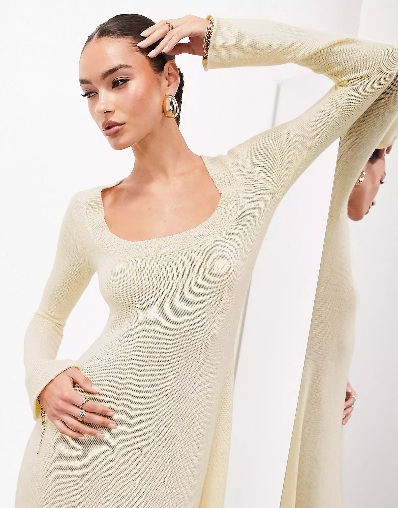 ASOS EDITION long sleeve scoop neck knitted maxi dress in ivory | ASOS (Global)