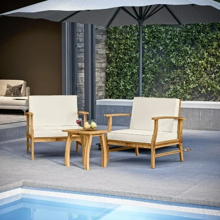 Hearth & Harbor 3 Piece Outdoor Furniture Acacia Wood Patio Bistro Set Off White Cushions | Walmart (US)