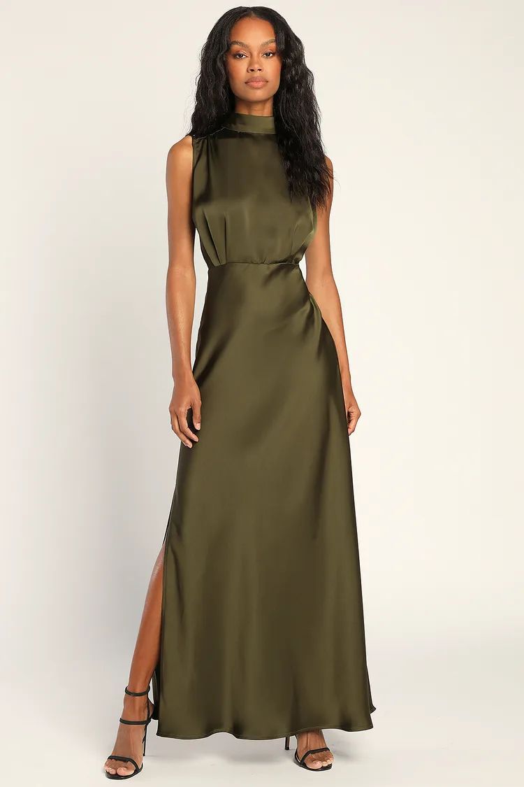 Classic Elegance Olive Satin Sleeveless Mock Neck Maxi Dress | Lulus