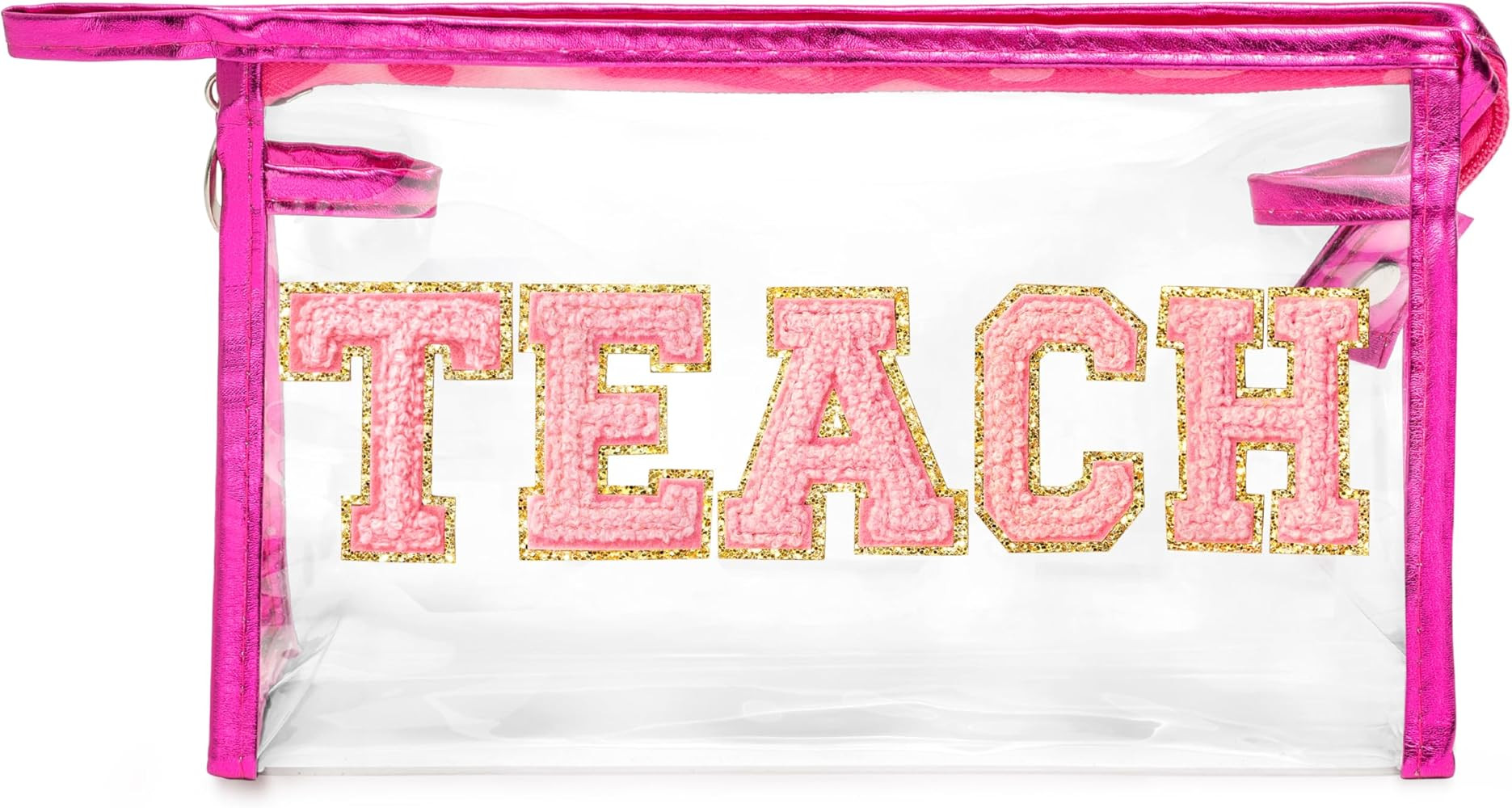 CY2SIDE TEACH Clear Makeup Bag - Pink TEACH Letter Patch Cosmetic Bag with Handle for Travel PVC Zipper Clear Toiletries Waterproof Portable Travel Organizer Teacher Appreciation Gifts, Rose | Amazon (US)