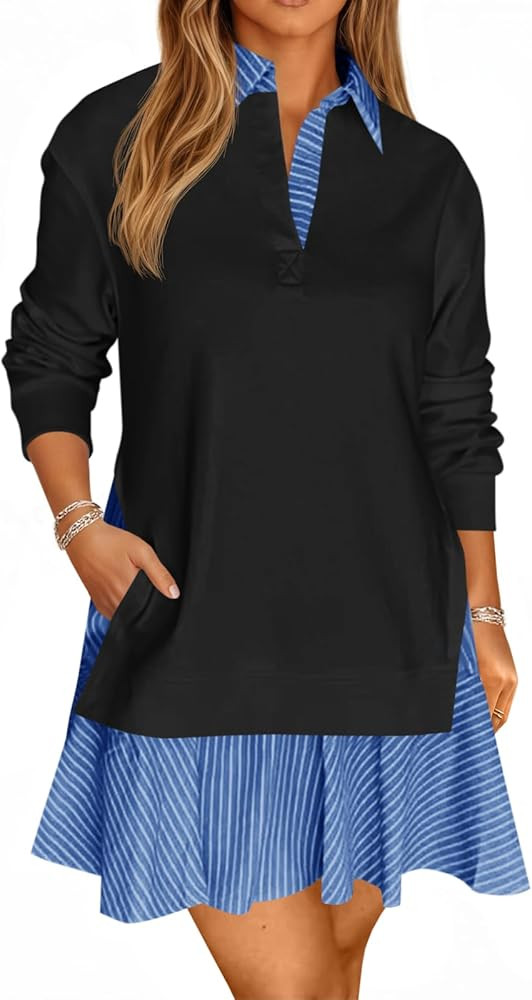 Wenrine Womens Oversized Sweatshirt Dress Casual Long Sleeve Collared V Neck Patchwork Loose Mini... | Amazon (US)