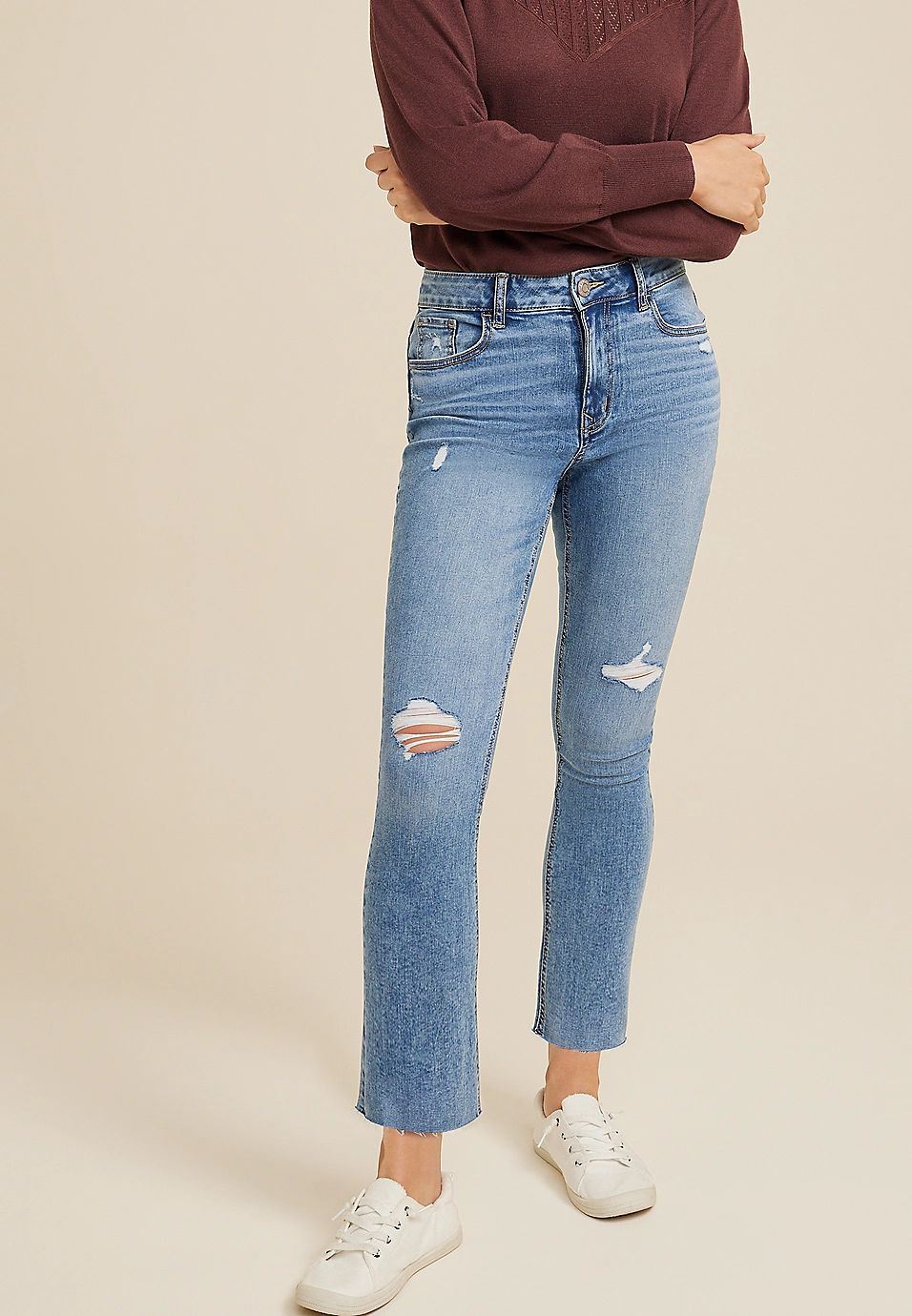 m jeans by maurices™ Kick Boot Ankle High Rise Ripped Jean | Maurices