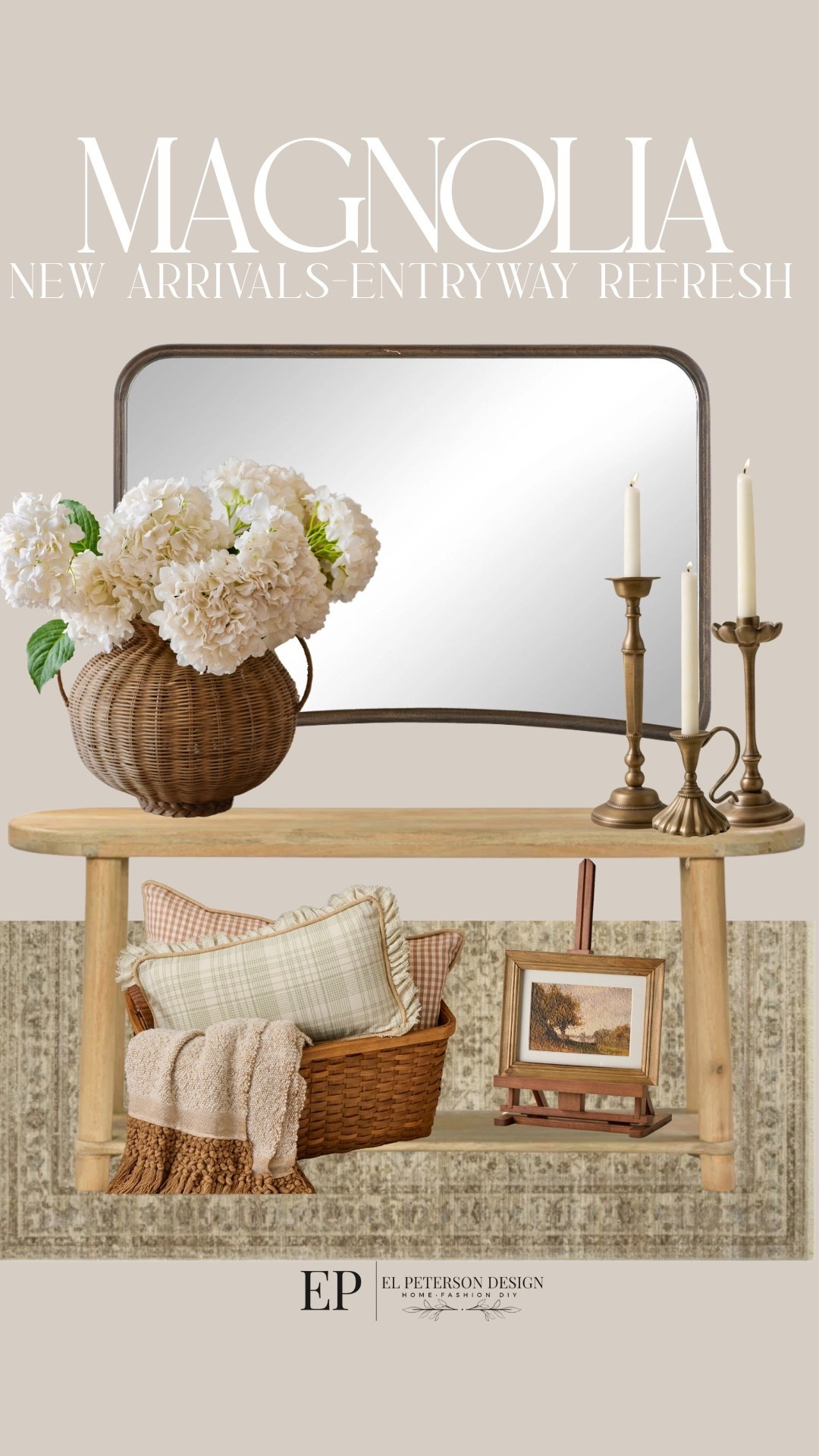 Magnolia
New Arrivals-Entryway Refresh
Console table
Vase
Stems
Area rug
Basket
Easel
Artwork
Candle holder
Mirror 

#LTKFindsUnder100 #LTKFindsUnder50 #LTKHome