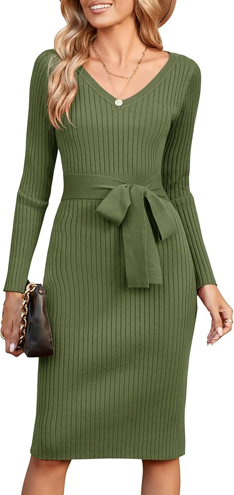 Newshows Womens 2024 Fall Sweater Dress Long Sleeve V Neck Business Casual Outfits Winter Fashion... | Amazon (US)