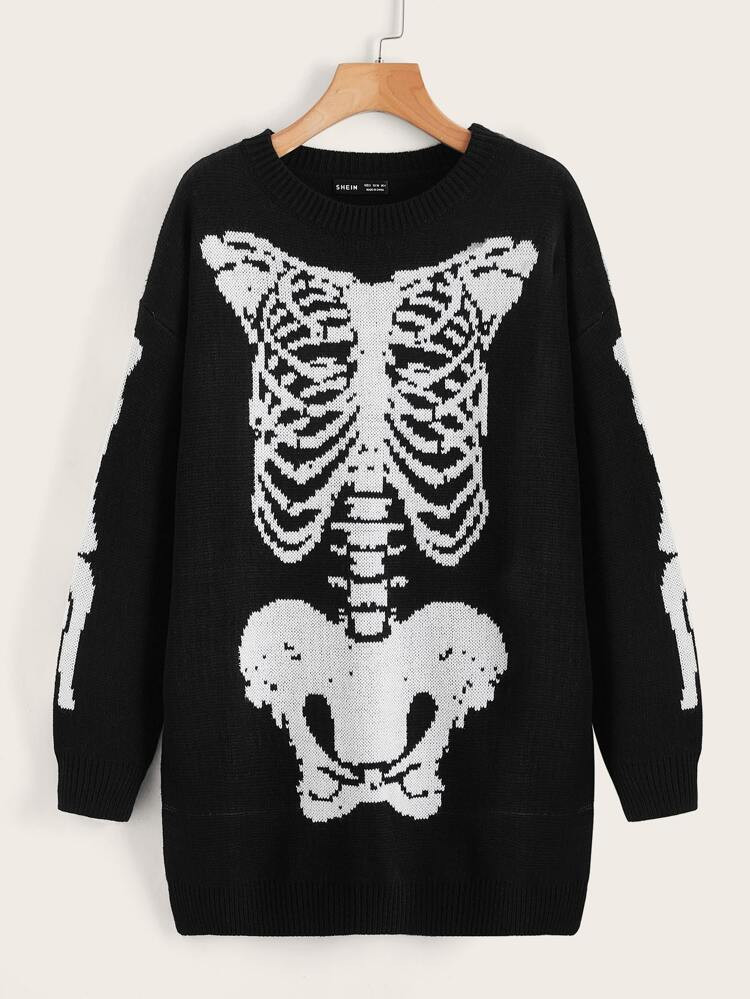 SHEIN Skeleton Pattern Drop Shoulder Sweater | SHEIN