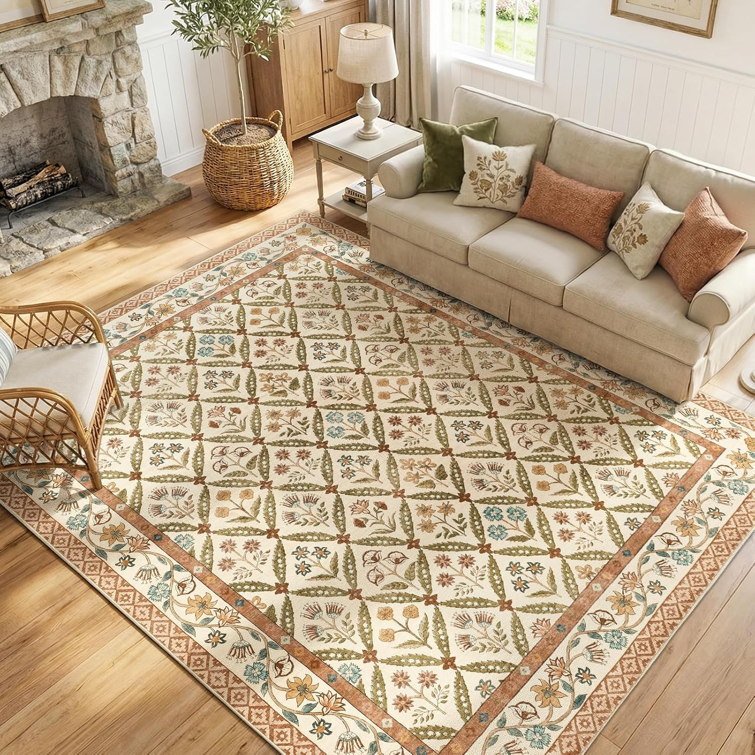 jinchan 8x10 Vintage Floral Washable Large Living Room Area Rug, Terracotta | Amazon (US)