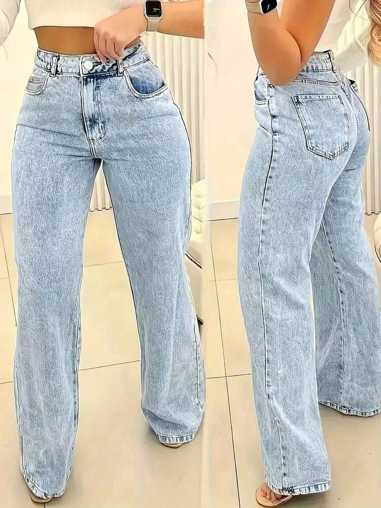 Plus Size Women Straight Leg Loose Casual Pockets Jeans | SHEIN