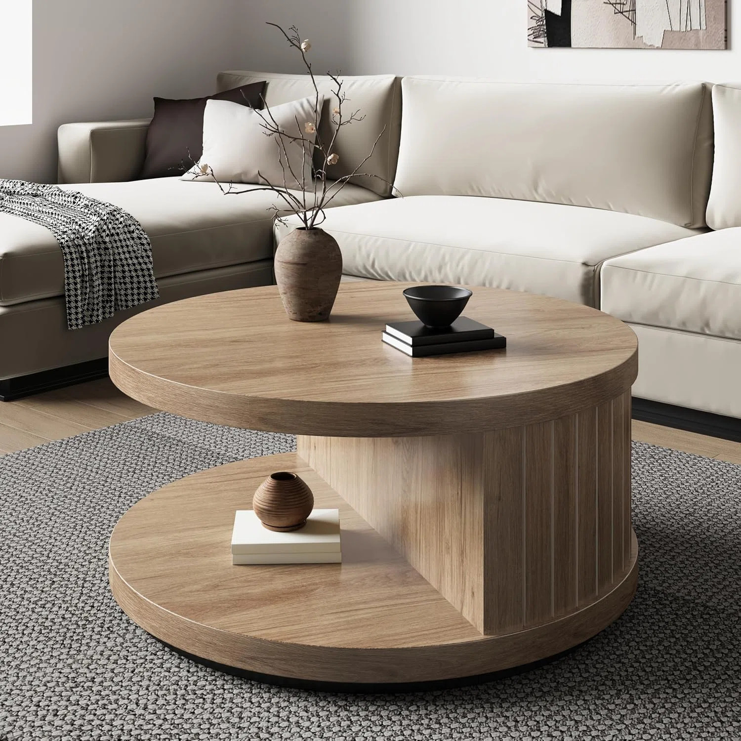 31" Round Wood Coffee Table With Open Storage Shelf, Farmhouse 2-Tier Circle Cocktail Tea Table F... | Wayfair North America