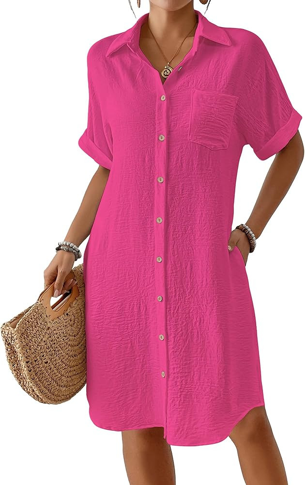 Bsubseach Womens Swimsuit Coverup Long Button Down Bathing Suit Cover Ups Short Sleeve Summer Bea... | Amazon (US)