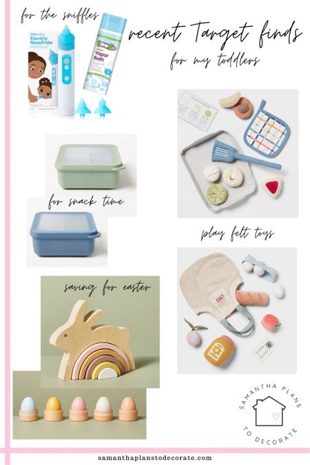 recent Target finds for my toddlers;

- sniffles/cold help!
- the cutest play felt toy sets
- new bento snack boxes 
- wooden toys for Easter 




#LTKfamily #LTKkids #LTKGiftGuide