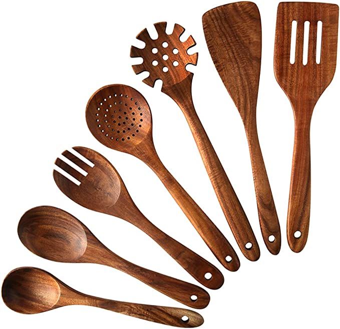 Wooden Kitchen Cooking Utensils,NAYAHOSE 7 PCS Teak Wooden Spoons and Spatula for Cooking, Sleek,... | Amazon (US)