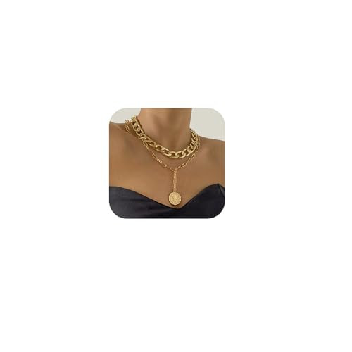 JWICOS Gold Boho Cuban Chunky Necklace Layered Dainty Paperclip with Coin Pendant Choker Chain for Women (Gold) | Amazon (US)