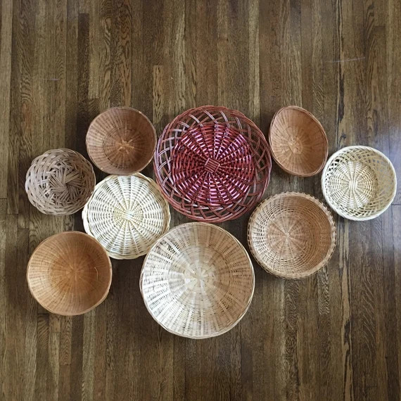 NINE Woven Wicker Baskets - Vintage Basket Collection - Textured Wall Decor - Neutral, Natural - ... | Etsy (US)