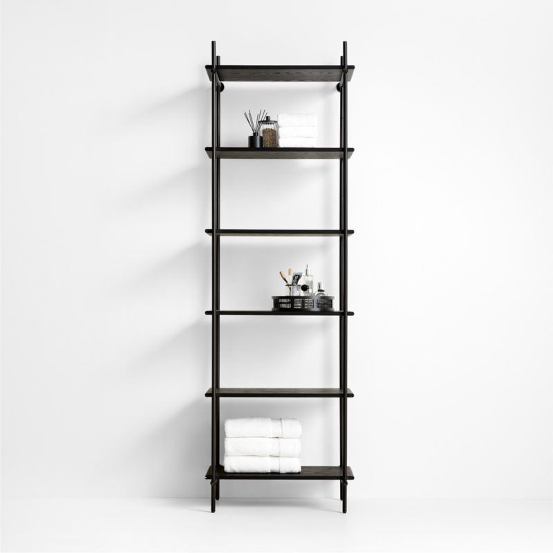 Petra Black Oak Wood and Metal Narrow Wall-Mounted Bookcase + Reviews | Crate & Barrel | Crate & Barrel
