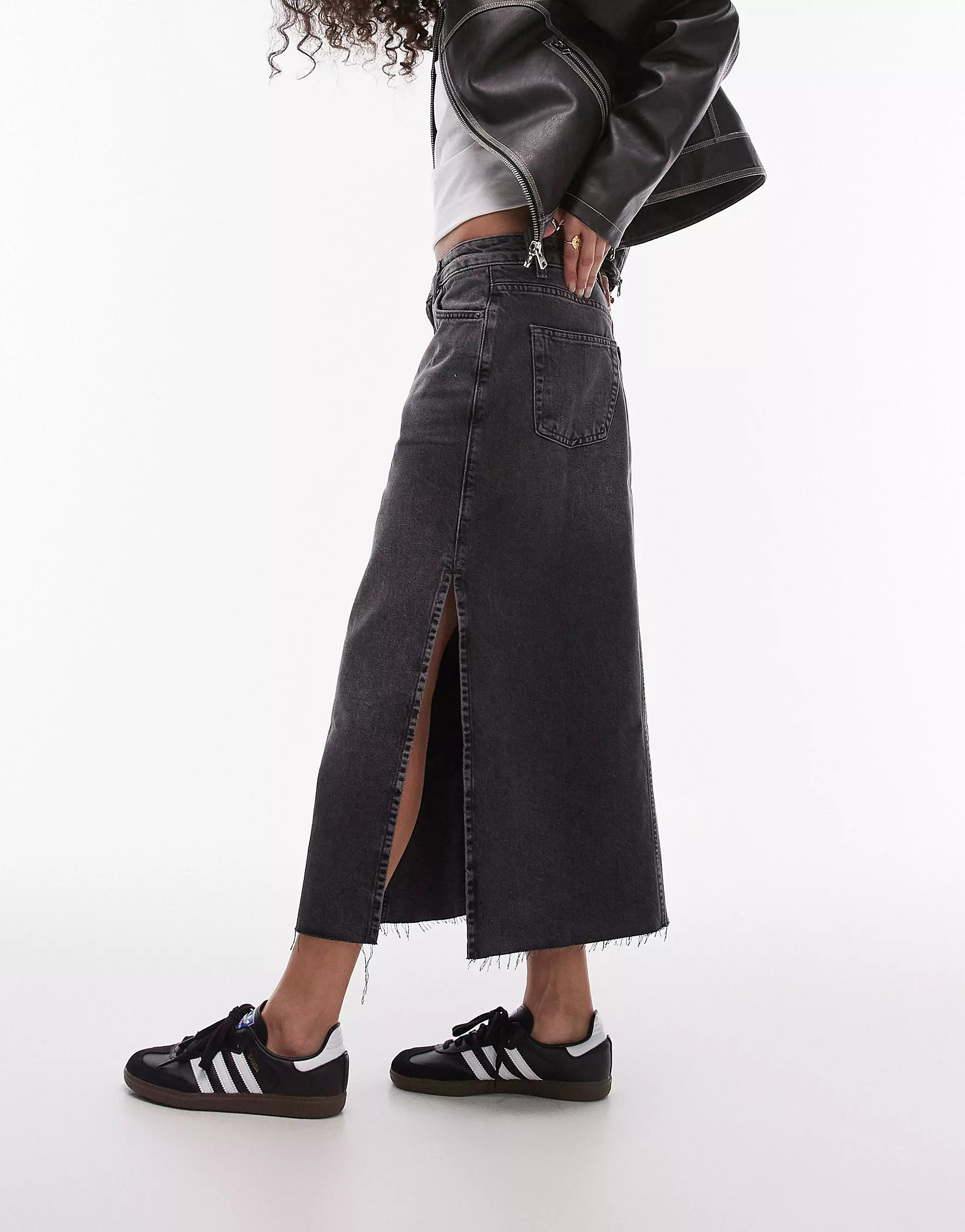 Topshop denim midi skirt with side split in washed black | ASOS (Global)