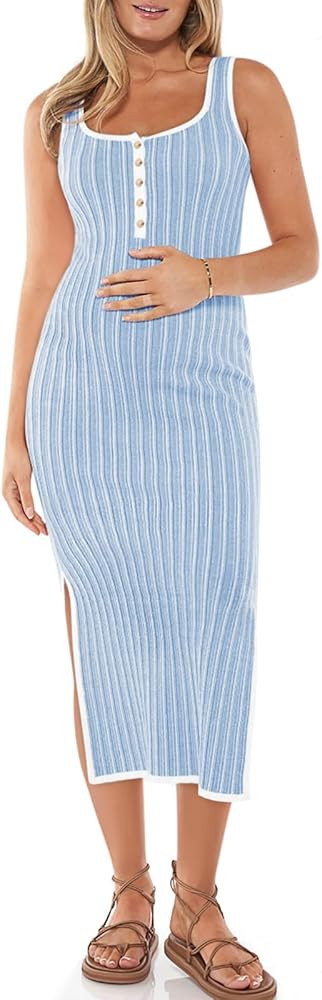 Summer Maternity Dress Rib Knit Sleeveless Button Bodycon Nursing Dresses Side Slit Stretchy Preg... | Amazon (US)