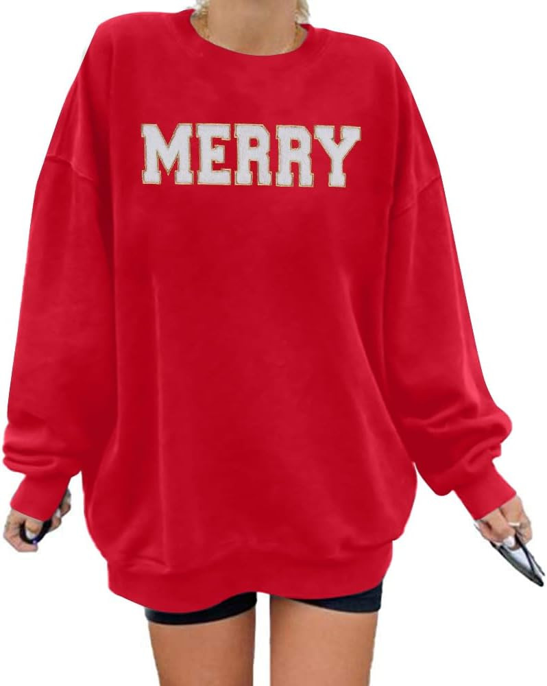 FASHGL Merry Sweatshirt Women Christmas Glitter Patch Merry Shirt Merry Letter Print Long Sleeve ... | Amazon (US)