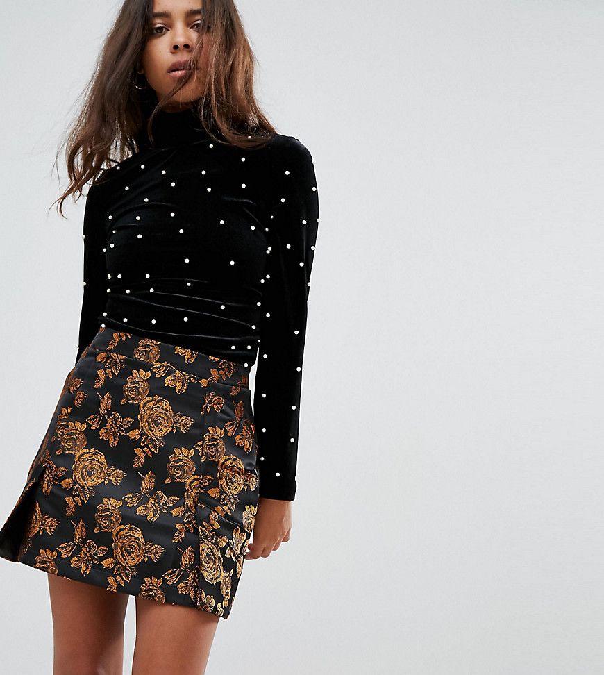 Fashion Union Petite High Neck Top In Velvet With Peral Embellishment - Black | ASOS US