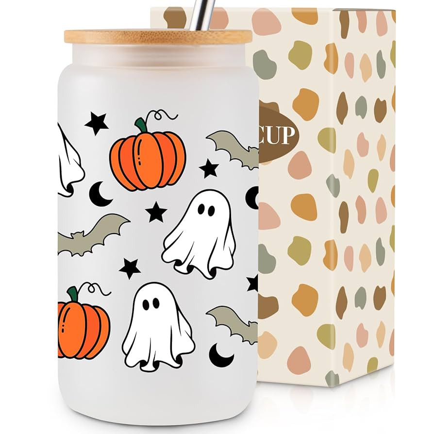 Pumpkin Ghost 16Oz Iced Coffee Glass Cups with Lids and Straws - Cute Halloween Gifts for Women, ... | Amazon (US)