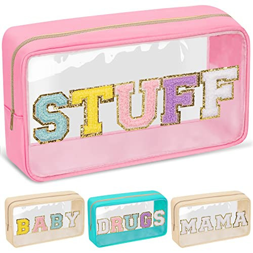 Chenille Letter Clear Makeup Bags Stuff Pouch, Preppy Patch Makeup Bag with Zipper, Transparent PVC & Nylon Waterproof Portable Glitter Cosmetic Bag Travel Toiletry Storage for Women Girls(STUFF-Pink) | Amazon (US)