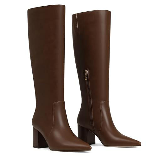 CELNEPHO Brown Knee High Boots Women Chunky Block High Heel Tall Boots Pointed Toe Side Zipper Leather Fall Boots | Amazon (US)