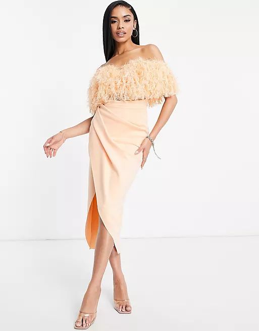 ASOS DESIGN 2 piece off shoulder pencil wrap tuck feather midi dress in peach | ASOS (Global)