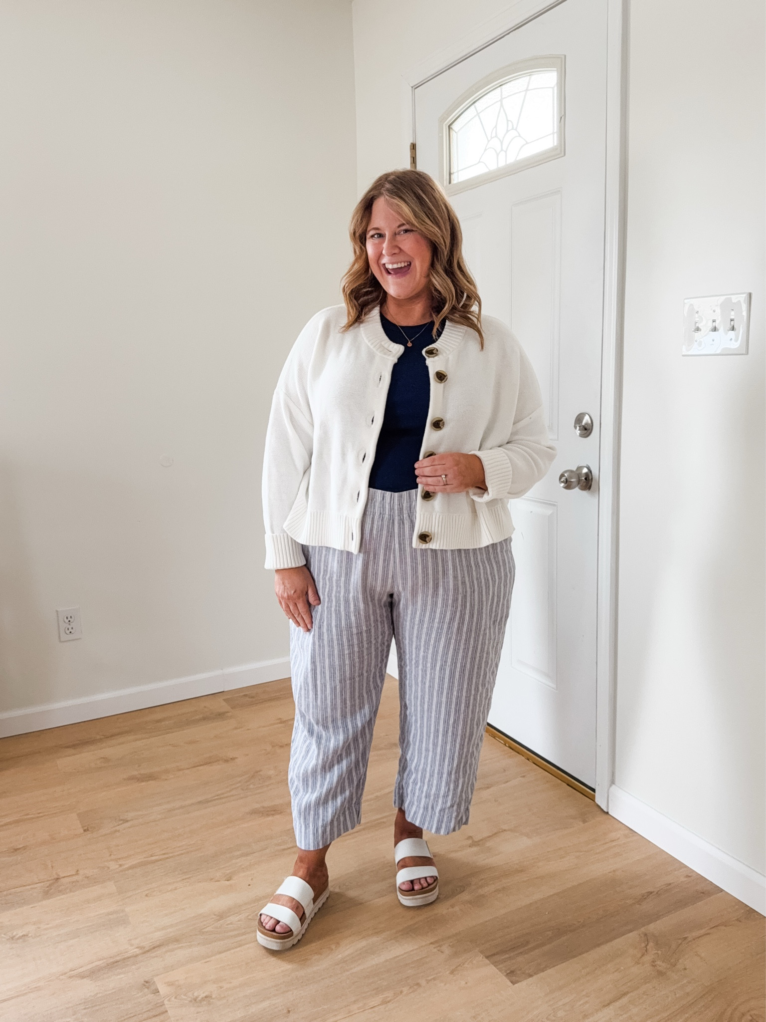 Wearing an XL (regular length) in my linen pants. My cardigan and tank are also an XL but I wish I did a large in the cardigan.  

#LTKMidsize #LTKWorkwear #LTKBump